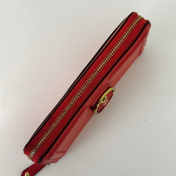 Coach Campbell Zip Around Leather Accordion Wallet in Red with Buckle Accent - Picture 7 of 11